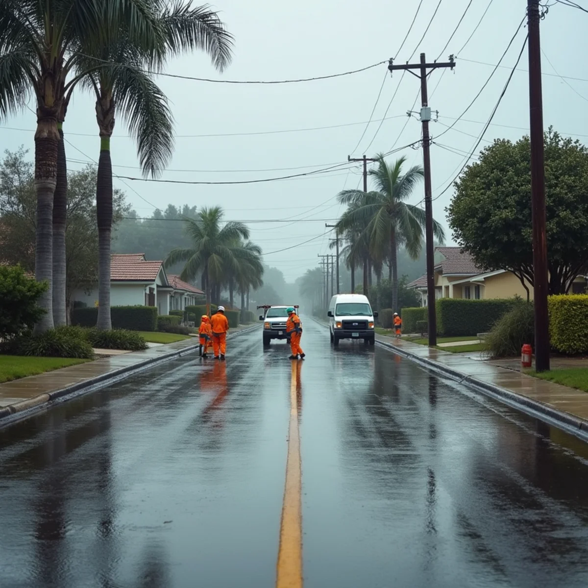 Storm clouds over a flooded urban street in Los Angeles County during a heavy atmospheric river rain event