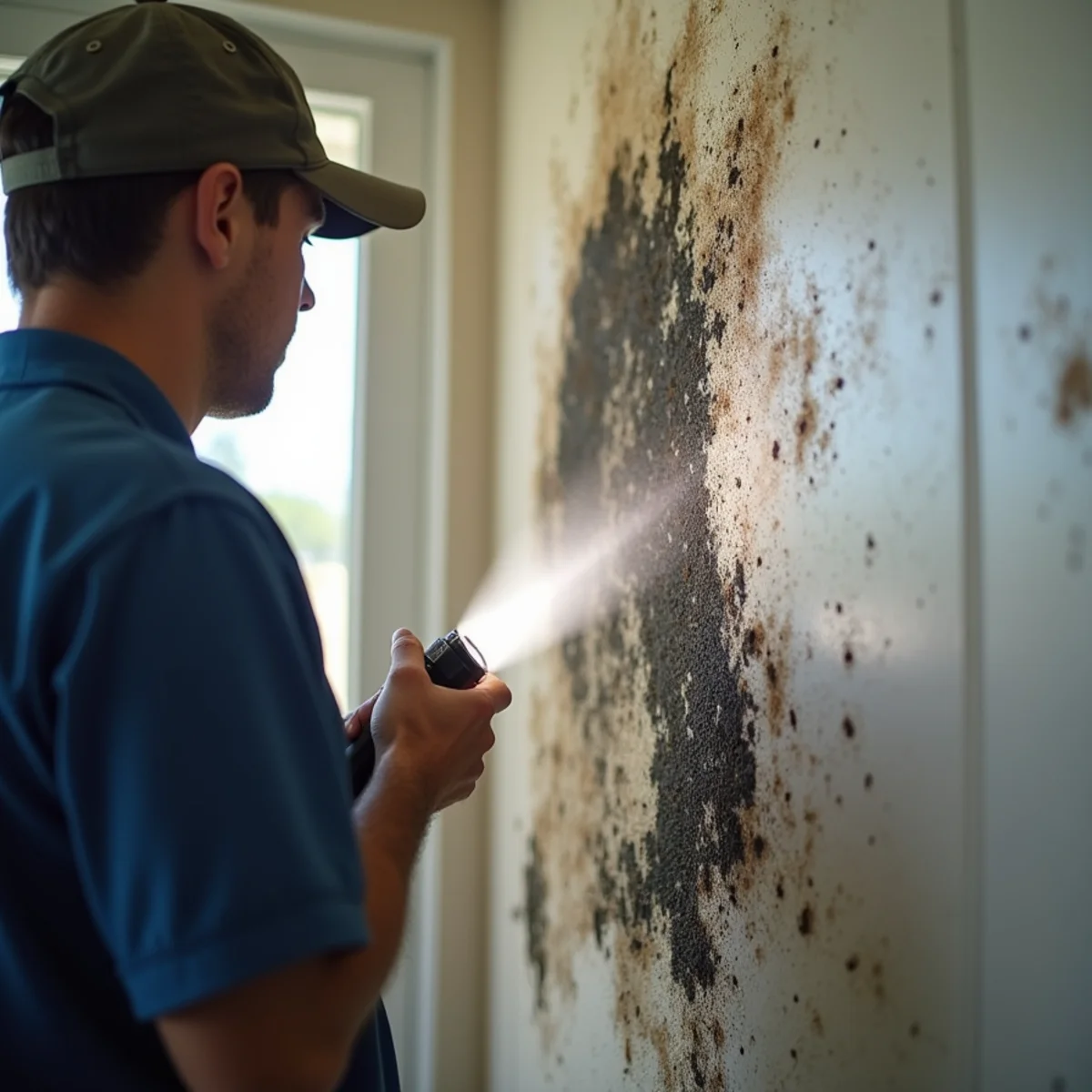 Close-up comparison of black mold growth versus surface mildew on a bathroom wall in Cherry Cove