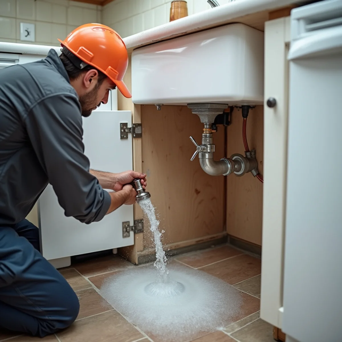 Technician shutting off a home's main water valve after a burst pipe in Lakewood, CA