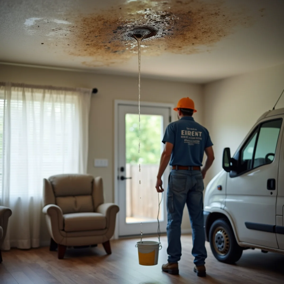 Water stain and dripping ceiling during a rainstorm in a Lakewood Country Club Estates home