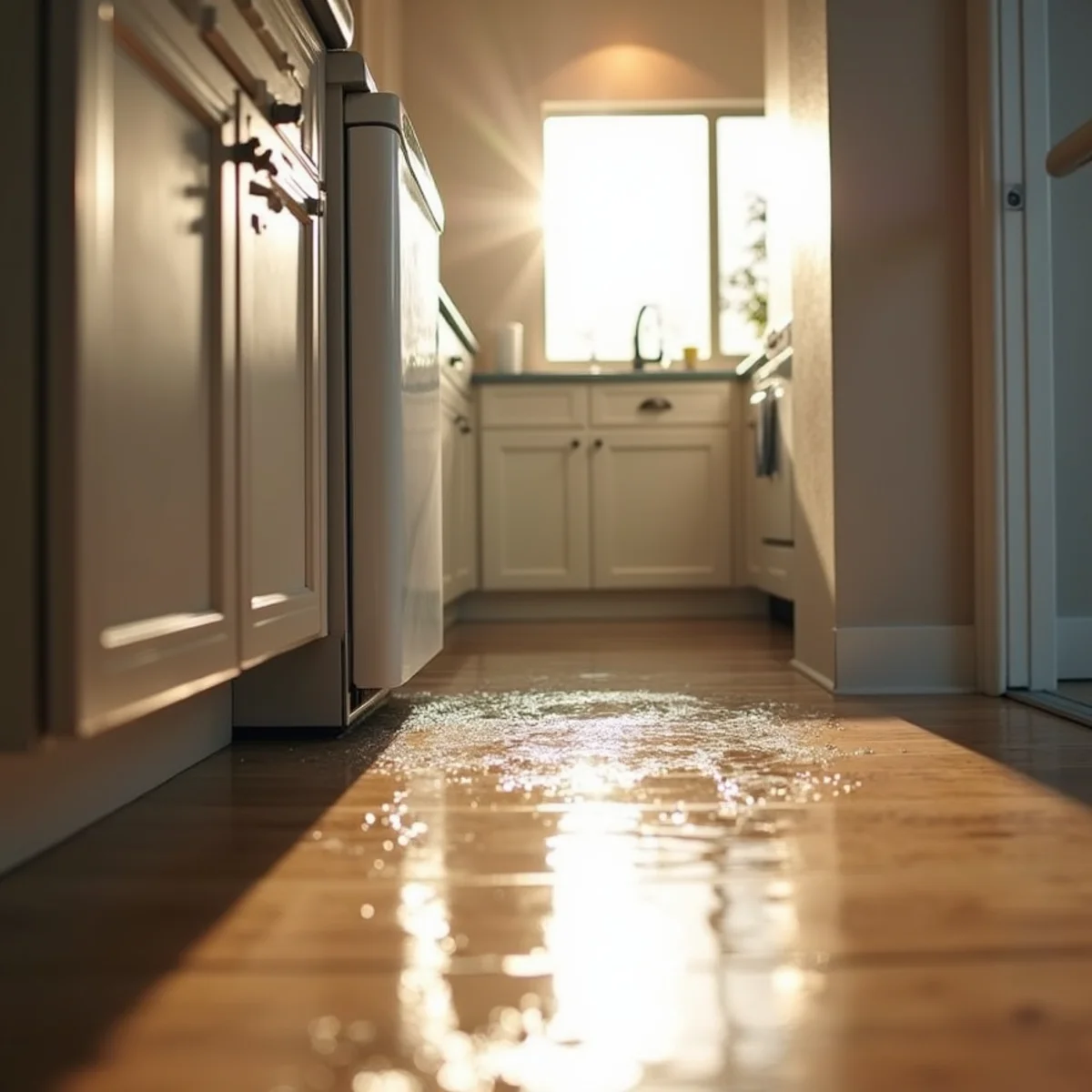 Water pooling on a kitchen floor in front of an open dishwasher in Lakewood Shores