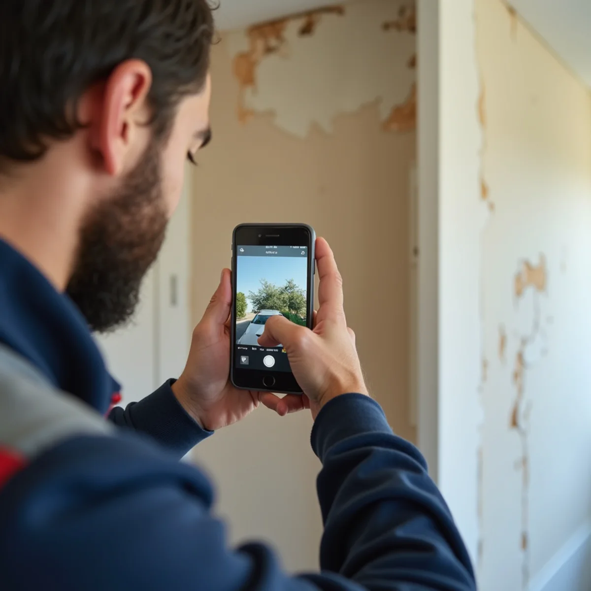 Homeowner reviewing an insurance policy document next to water-damaged flooring in a Norwalk home