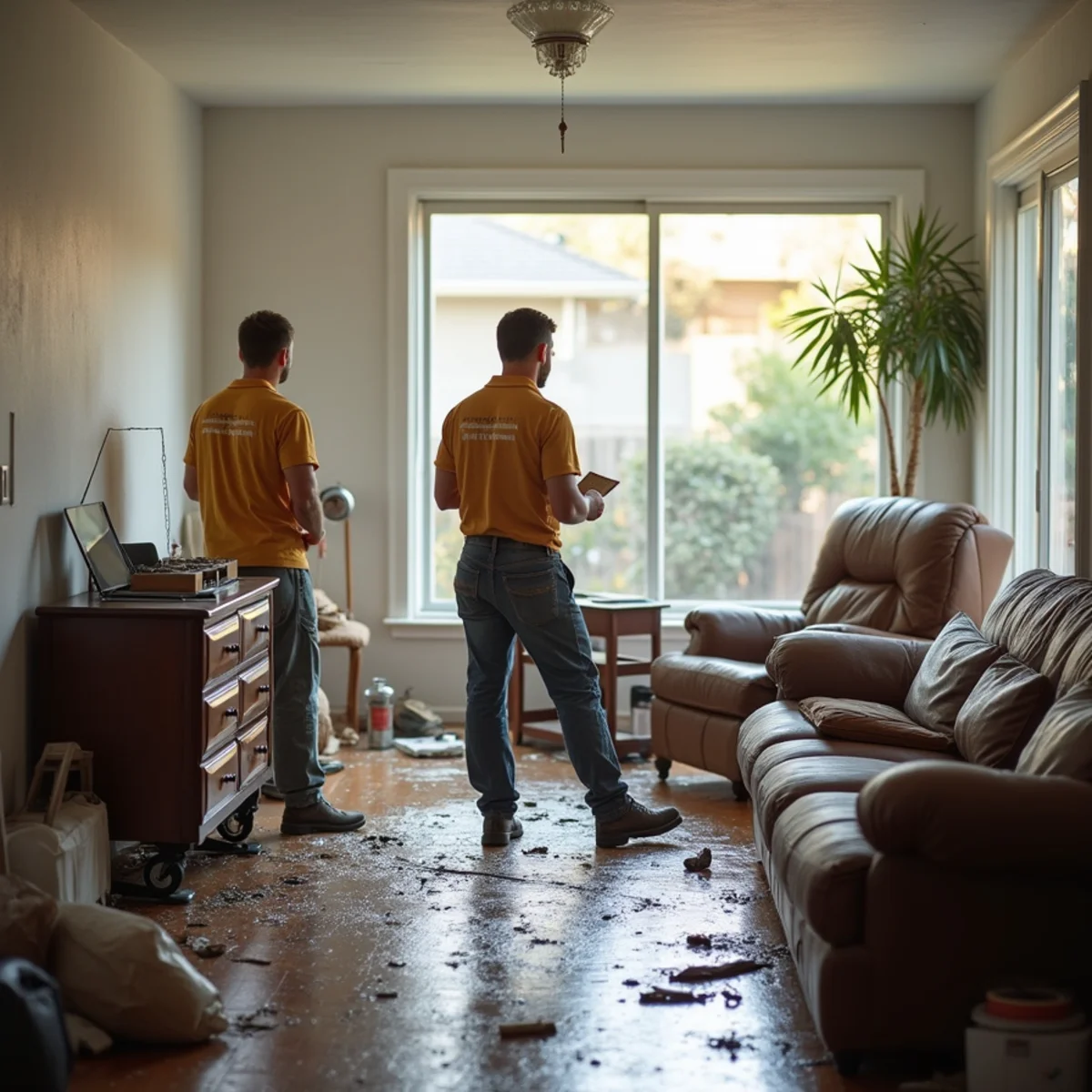 Flood-damaged belongings sorted into salvageable and discard piles outside a Carson Park home