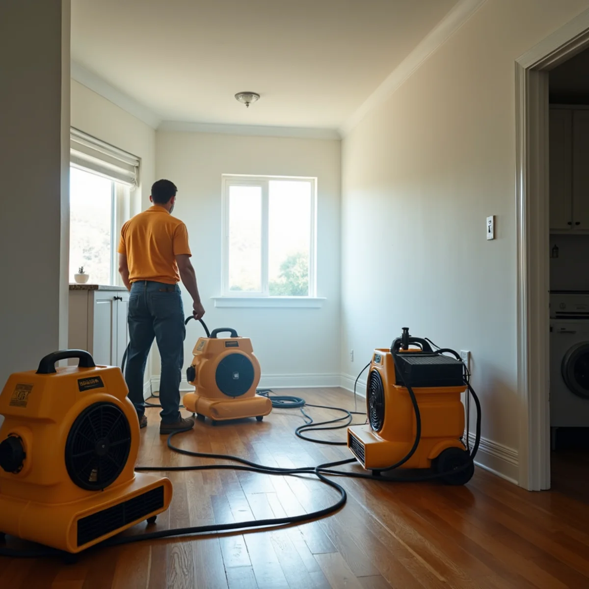 Technician inspecting behind baseboards for hidden moisture in a Sunshine Homes home with a musty odor