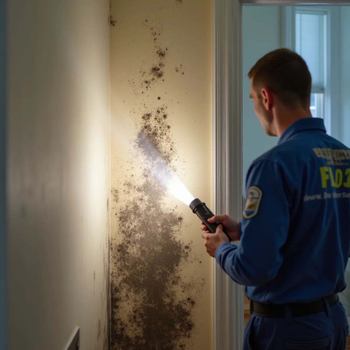 Early-stage mold growth on a baseboard in a Lakewood Gardens home following a water leak