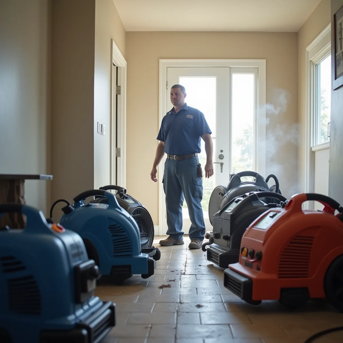 Air movers and a dehumidifier set up during structural drying in a Westgate living room