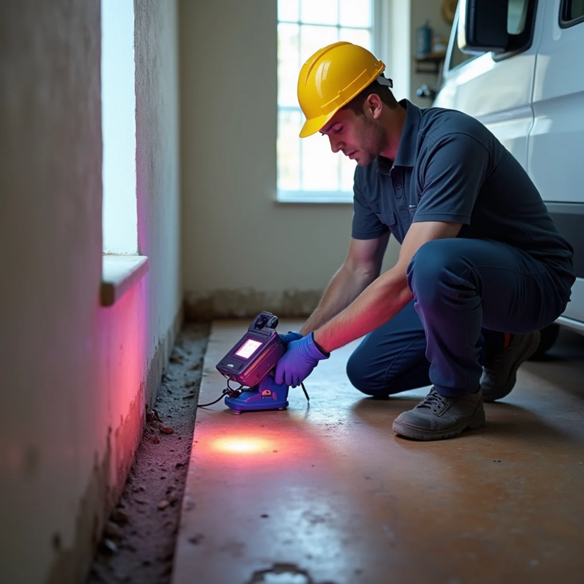 Technician using acoustic leak detection equipment on a concrete slab floor in Lakewood Village