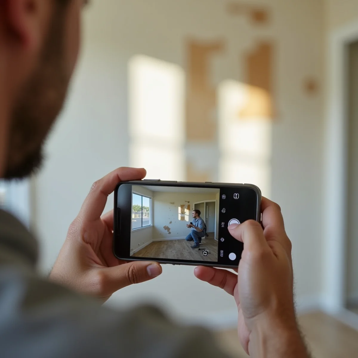 Homeowner photographing water-damaged flooring and baseboards on a smartphone for an insurance claim in Cerritos