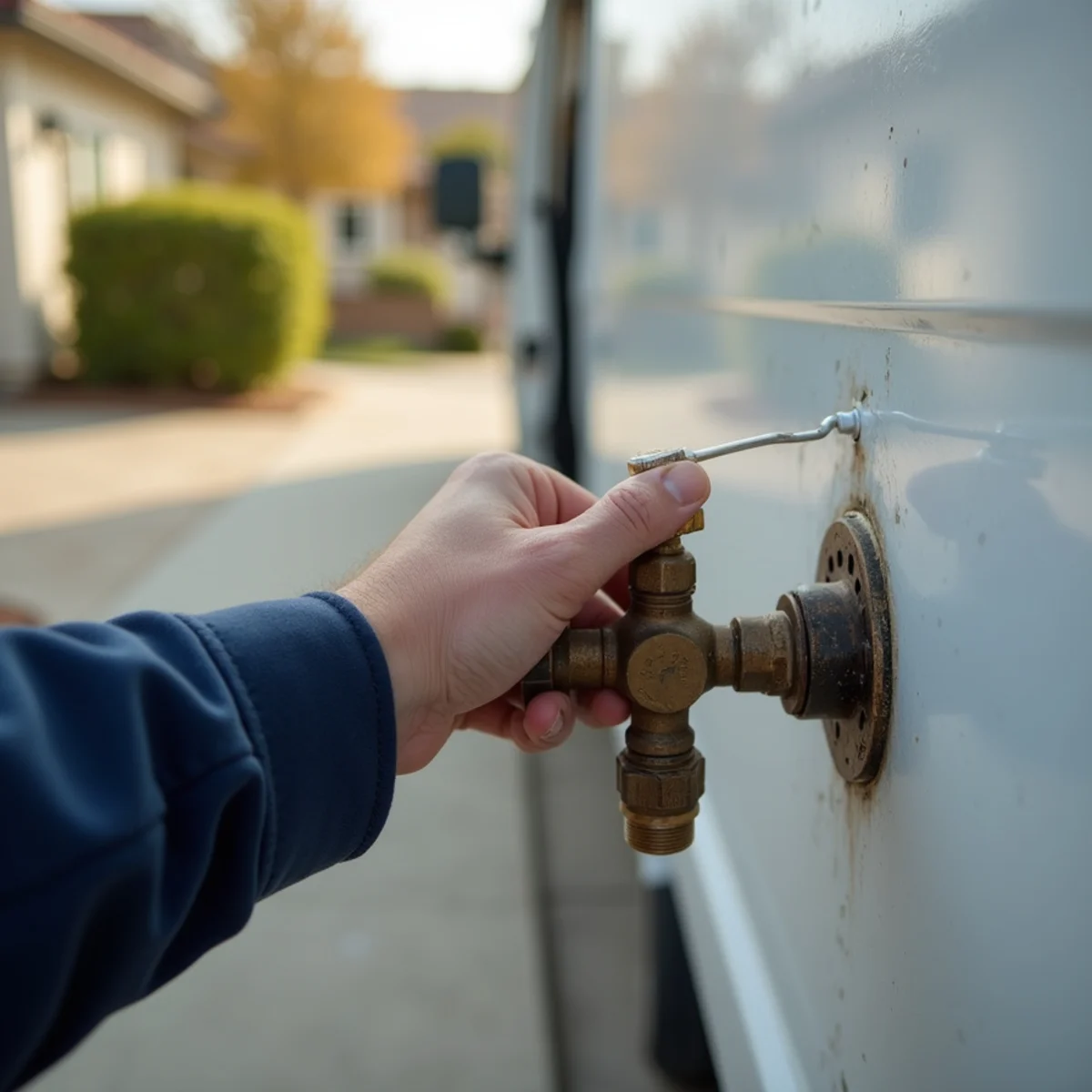 Homeowner locating and turning a main water shutoff valve near a house exterior in Lakewood Gardens