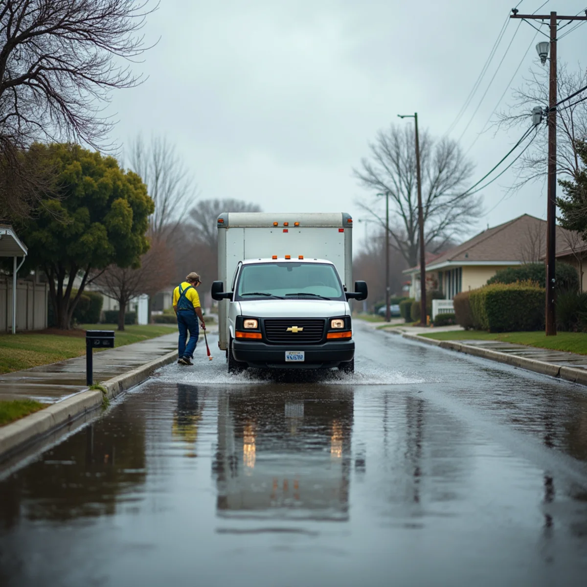 Vintage-style flooded residential street in 1950s Lakewood, CA with water covering the road curb to curb