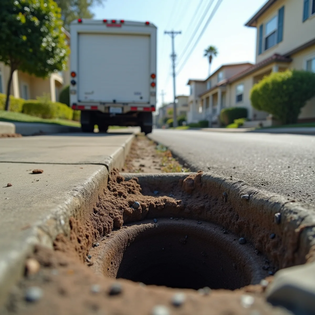 Sewer maintenance access point on a residential Lakewood, CA street with an aging underground pipe system