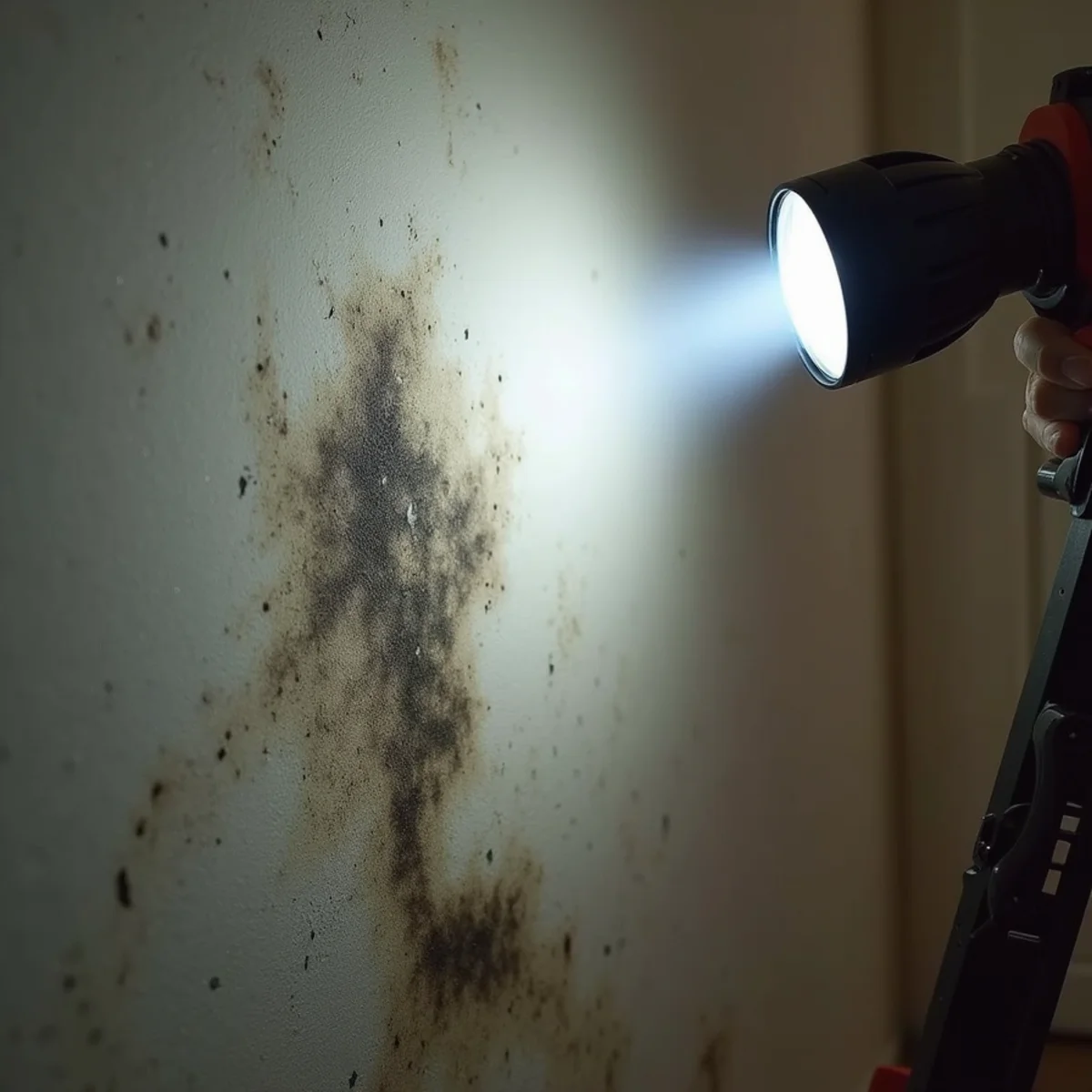 Mold remediation technician in protective gear treating a wall in a Bellflower home