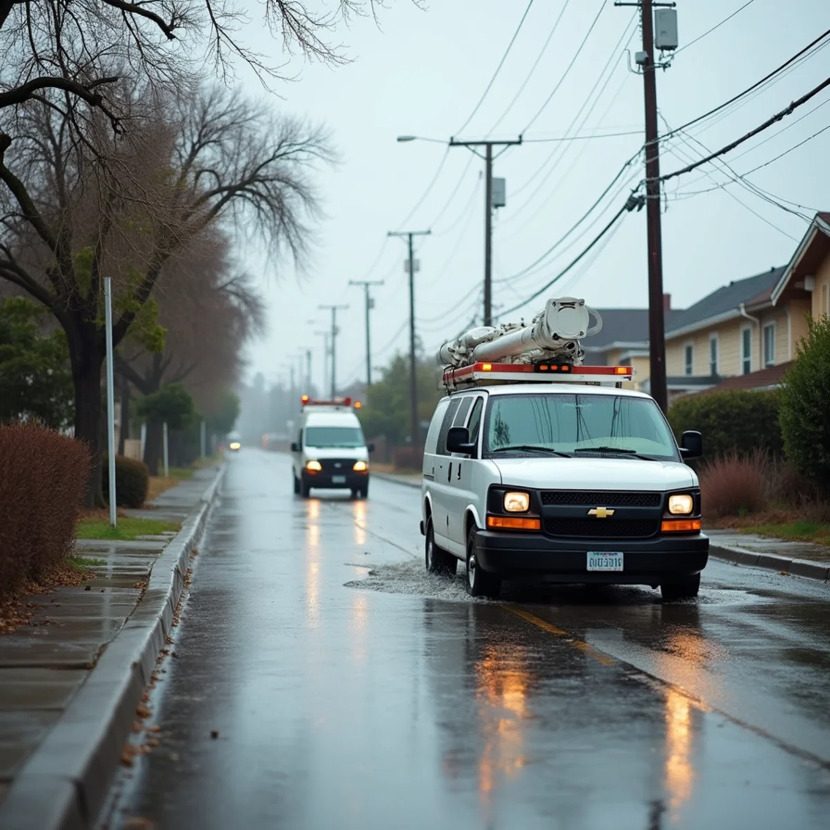 Flooded residential street in an older Lakewood, CA neighborhood with water pooling against curbs
