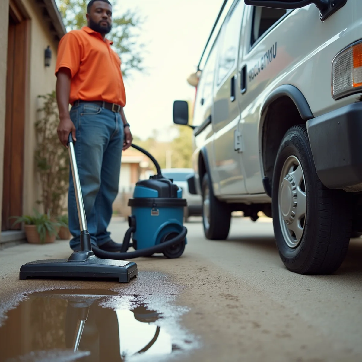 Technician using truck-mounted water extraction equipment on soaked carpet in a Lakewood Manor living room