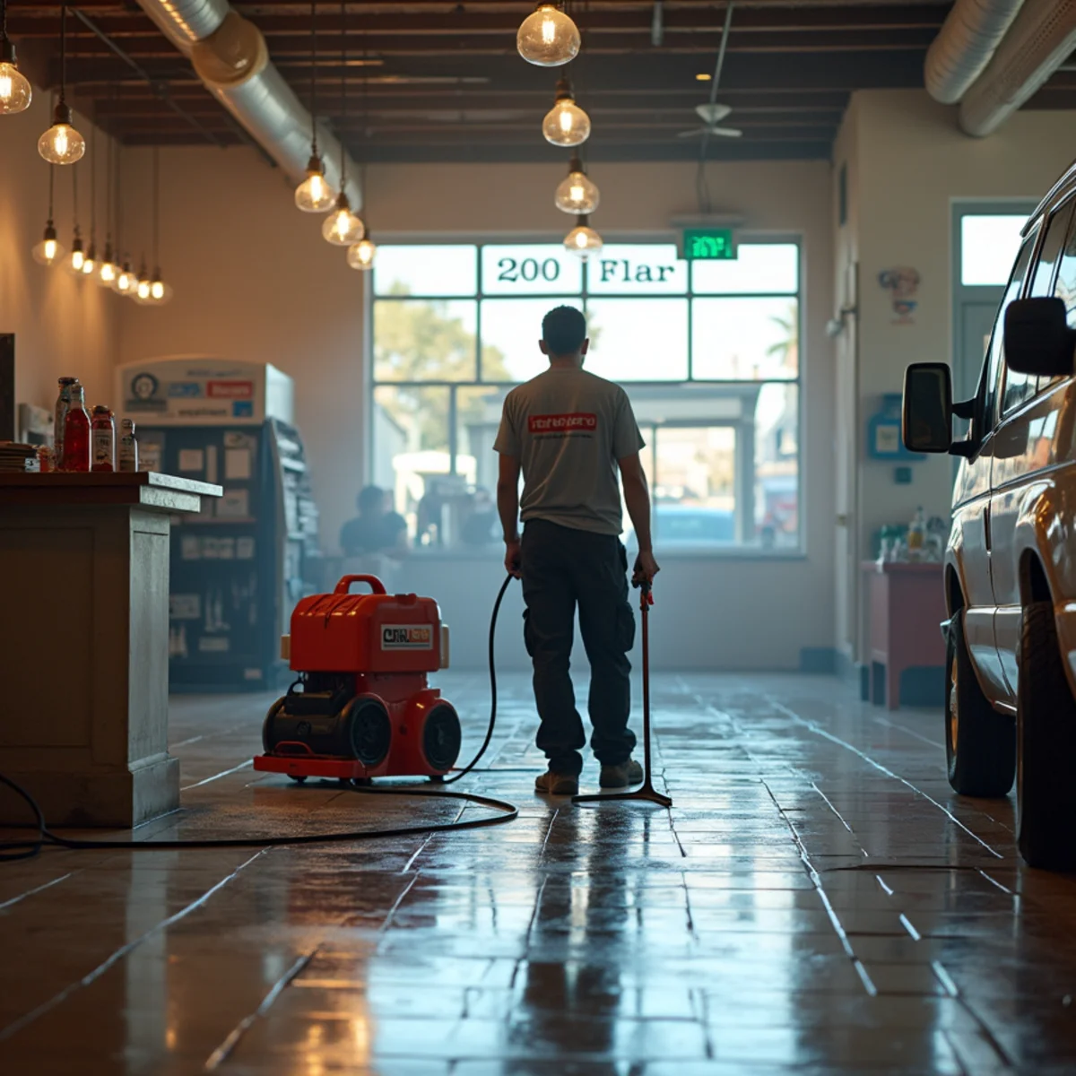 Retail store employee placing warning signs around a wet floor area near a storefront entrance