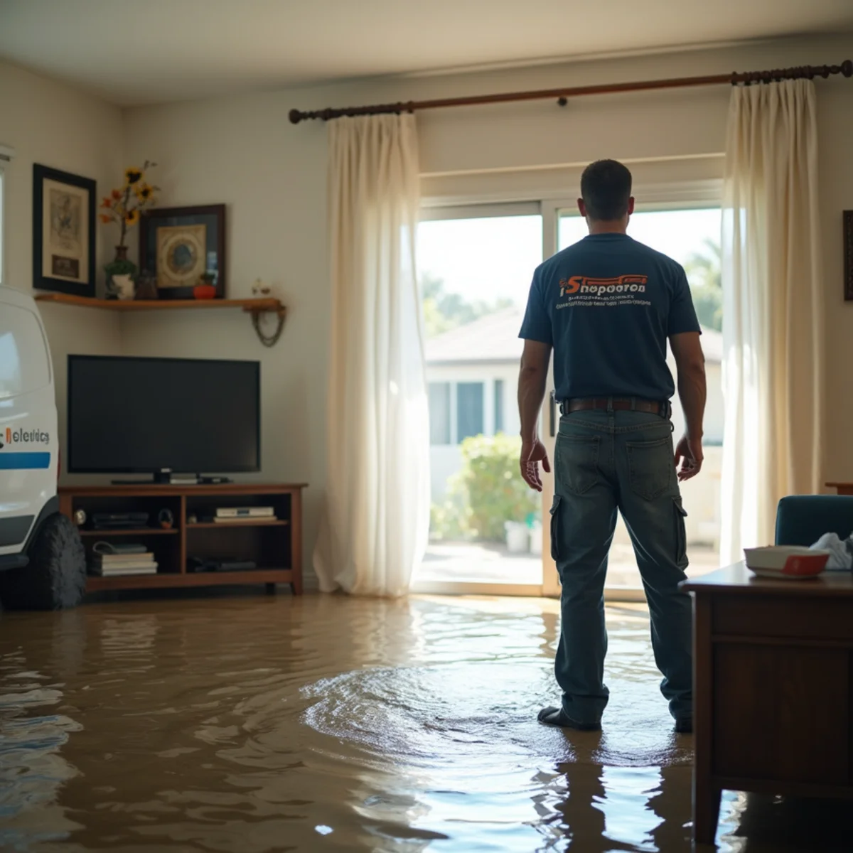 Standing floodwater covering a living room floor in a Carson Park-Briarcrest home