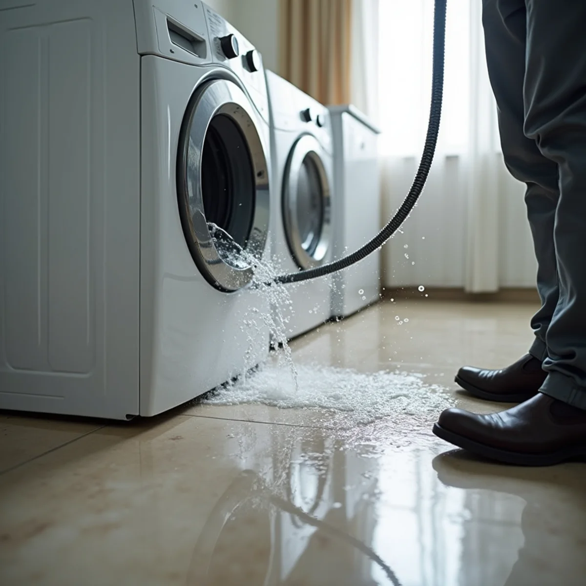 Burst rubber washing machine supply hose spraying water in a laundry room in Cherry Cove