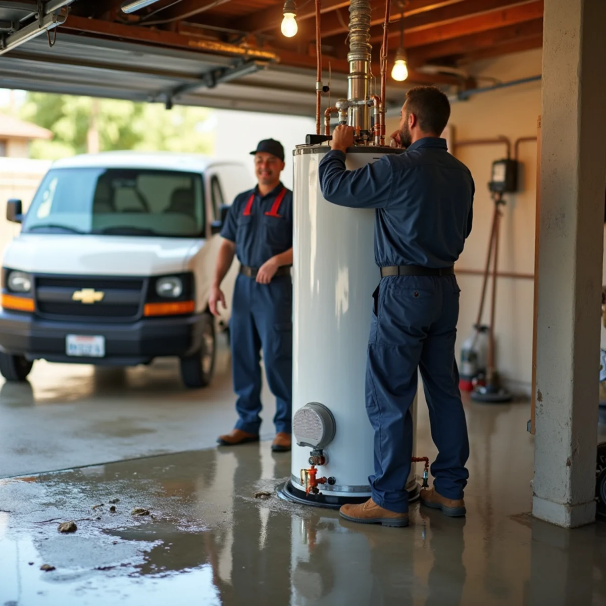 Flooded garage floor with a leaking water heater tank in a Mayfair, Lakewood home