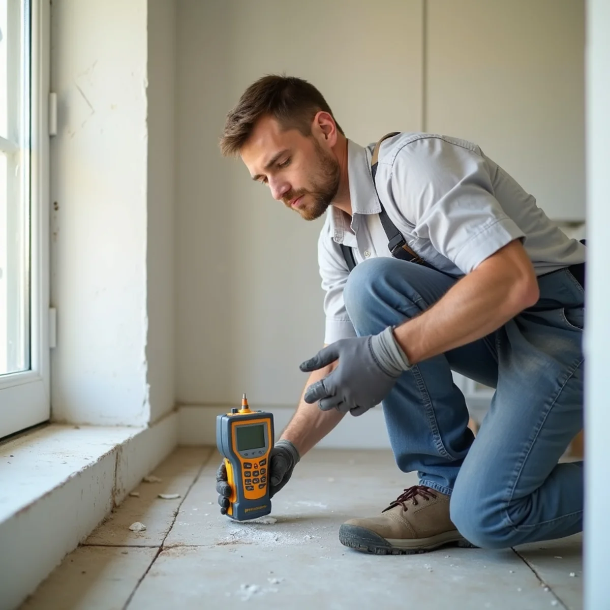 Technician checking moisture levels on a wet drywall wall with a moisture meter in an Imperial Estates home