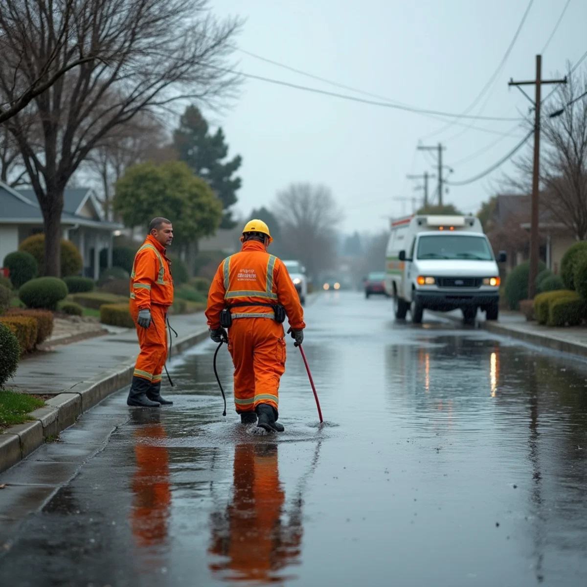 Homeowner clearing leaves and debris from a gutter before winter storm season in Lakewood, CA