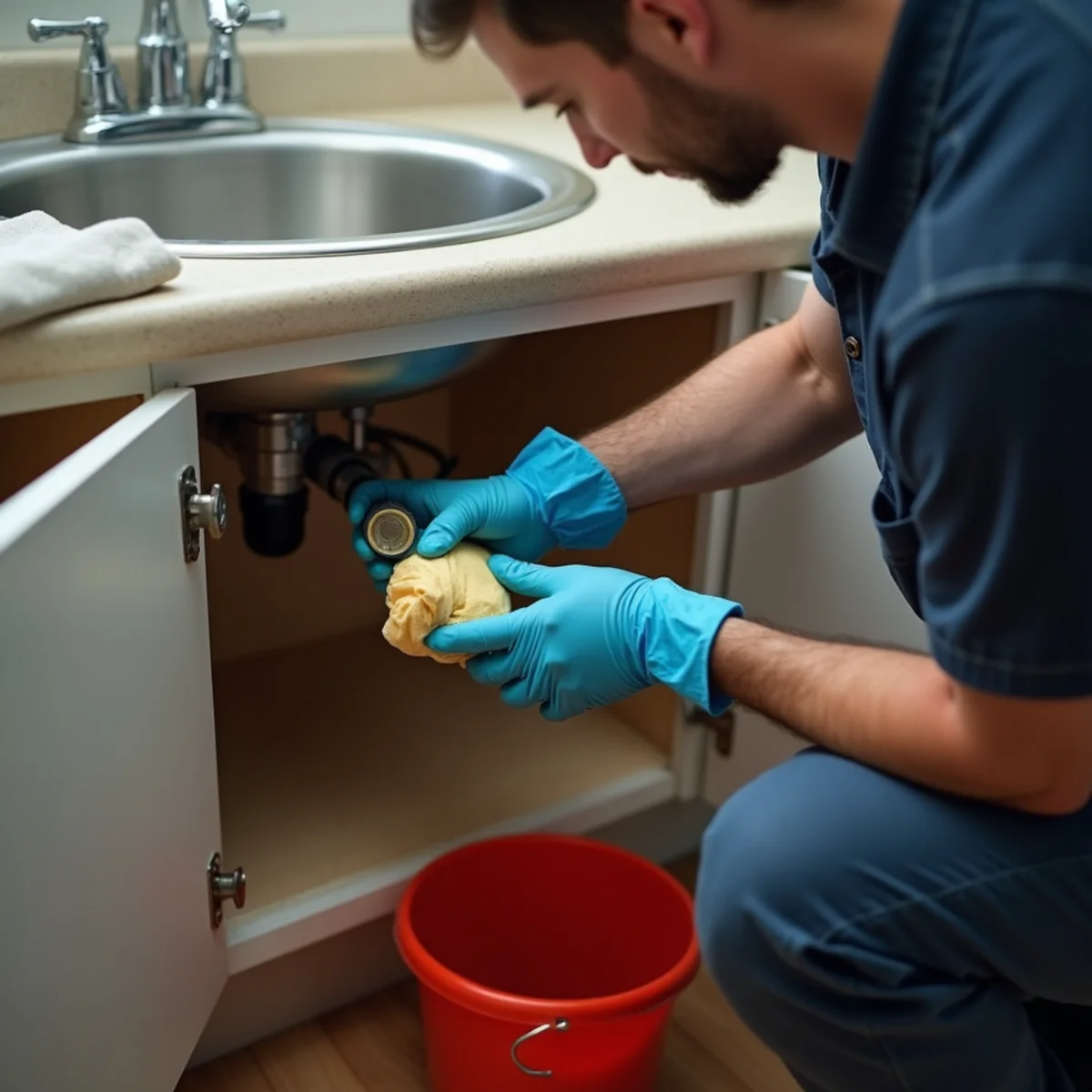 IICRC technician performing burst pipe cleanup & water damage repair in a Lakewood, CA home