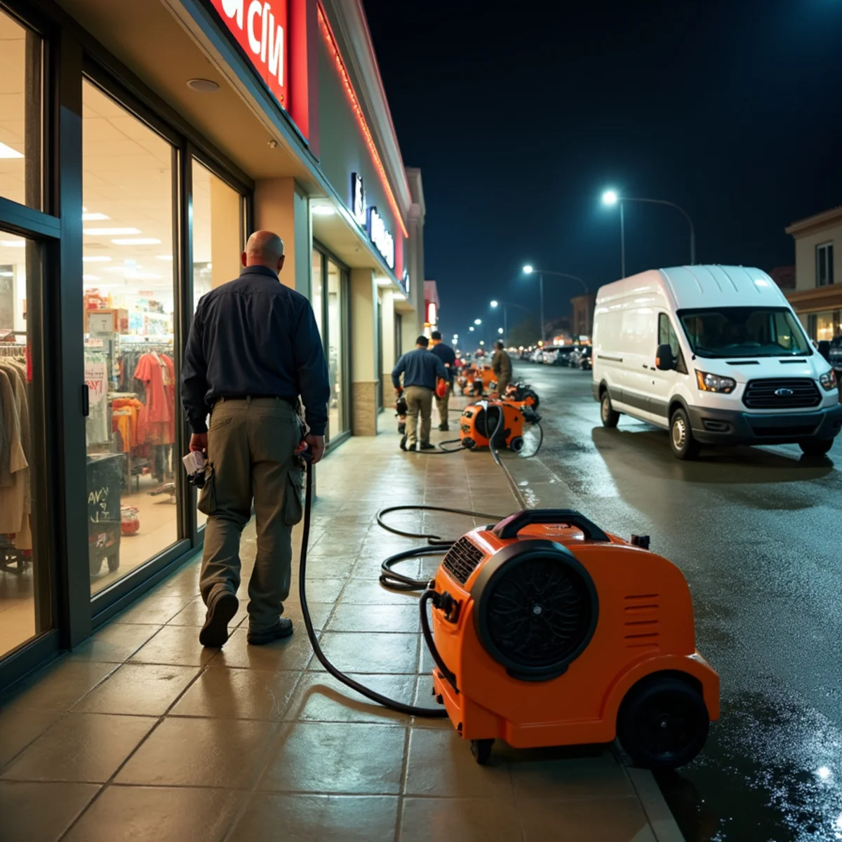 Commercial water damage restoration crew drying a flooded retail space in Lakewood, CA