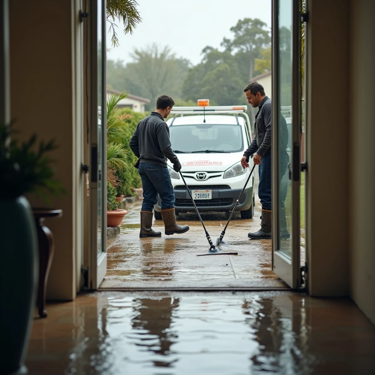 Restoration crew cleaning up storm flood water and debris in a Lakewood, CA home