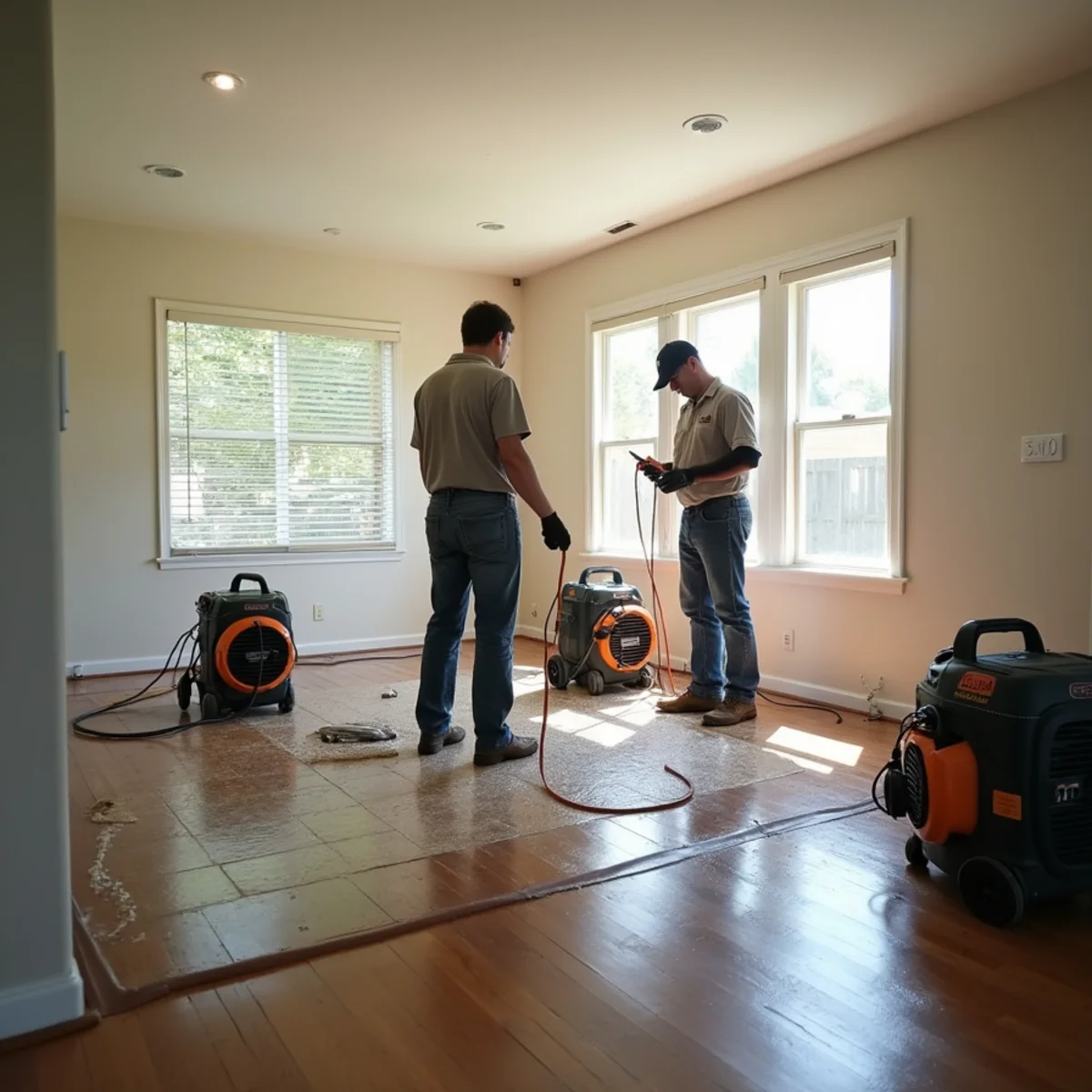 Dehumidifiers running in a riverside Lakewood Manor home near the San Gabriel River