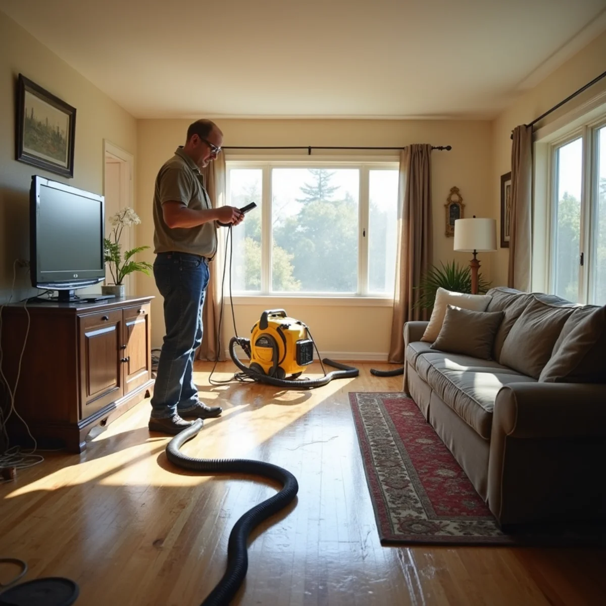 Restoration technician checking a leak inside an older Lakewood Village home