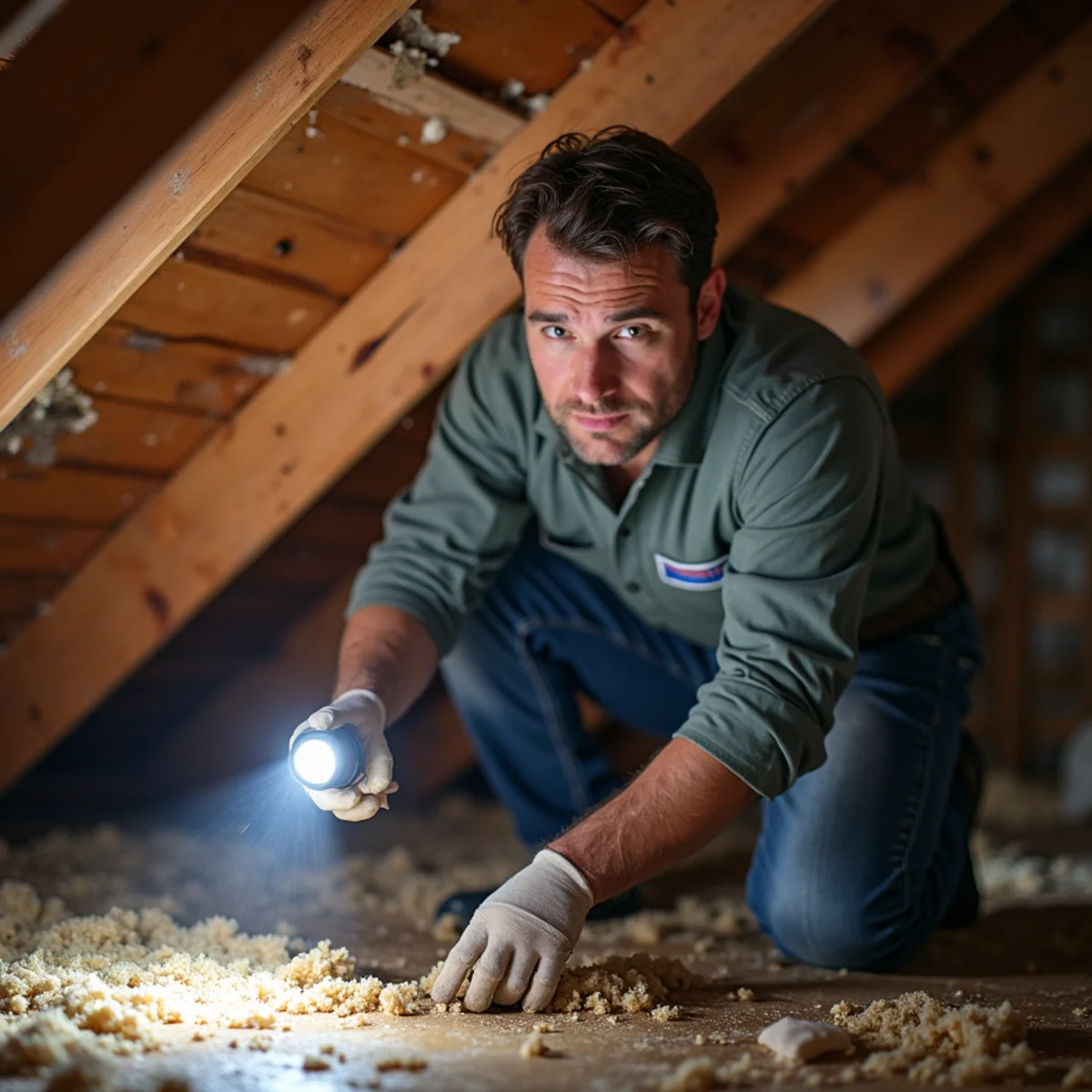 Technician drying attic insulation and framing after a roof leak in a Lakewood, CA home