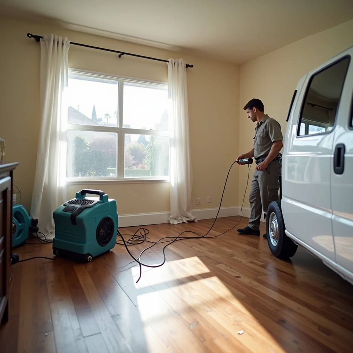 water damage restoration crew working in a Compton, CA home after storm flooding