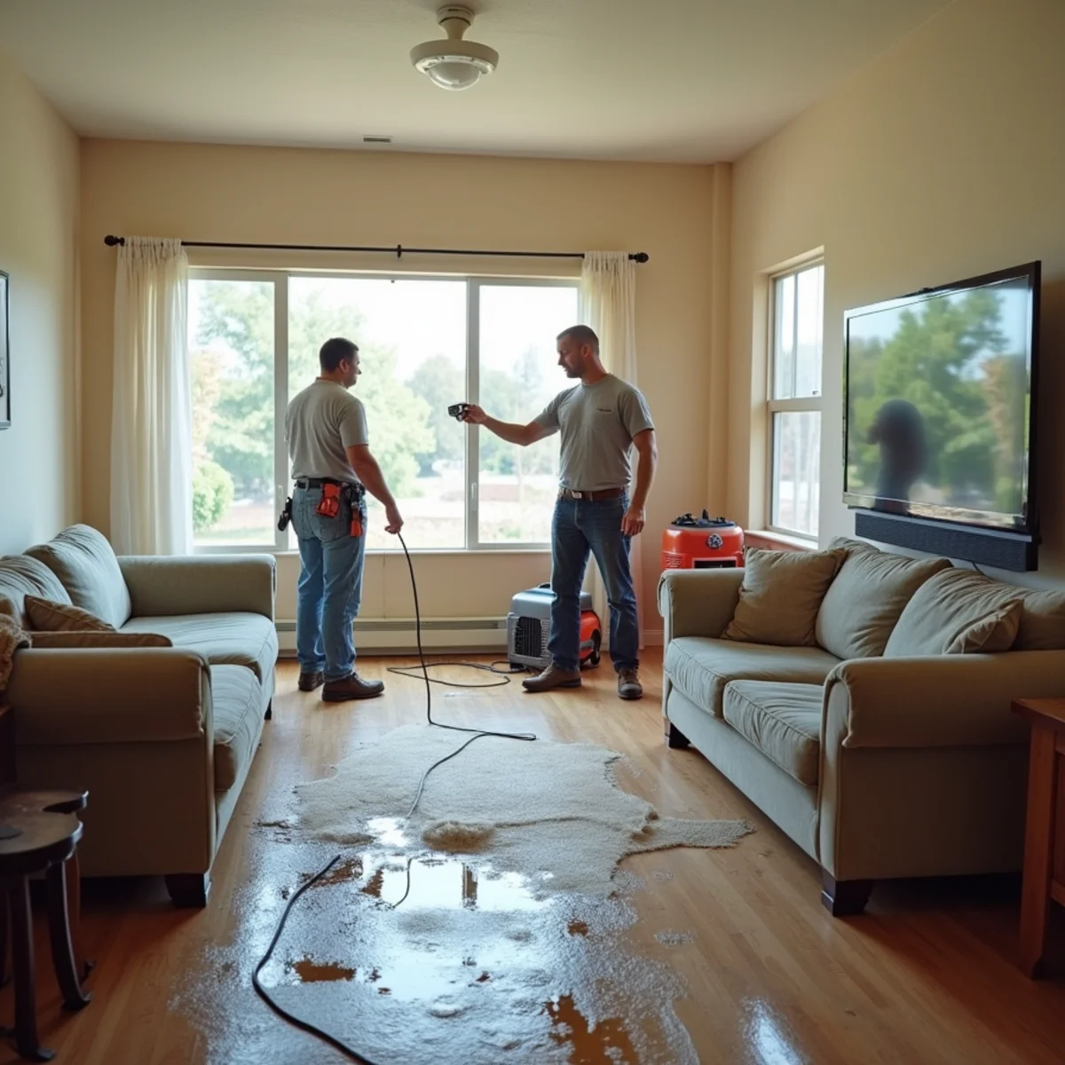 water damage restoration crew cleaning a sewage backup in a Lynwood, CA apartment