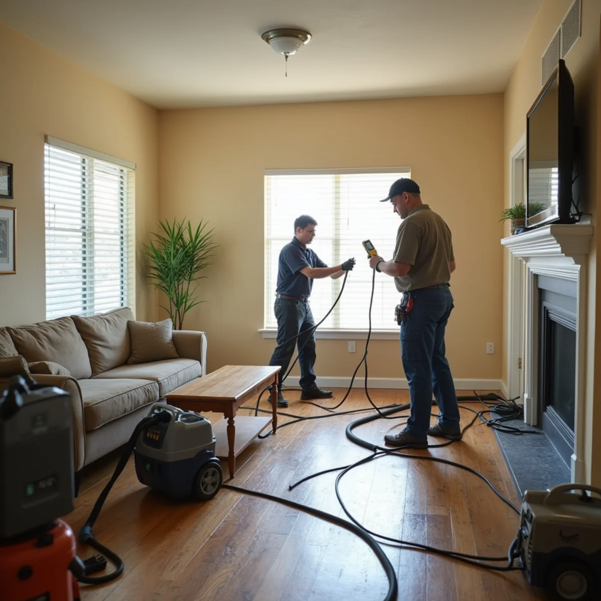 water damage restoration crew working in a Montebello, CA 1920s bungalow