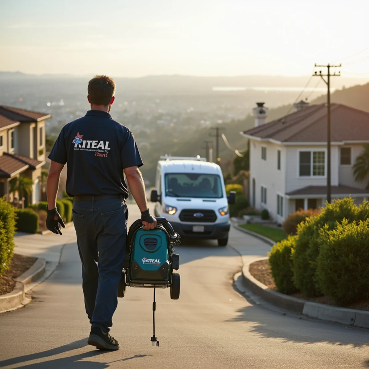 water damage restoration crew working in a Signal Hill, CA hillside home