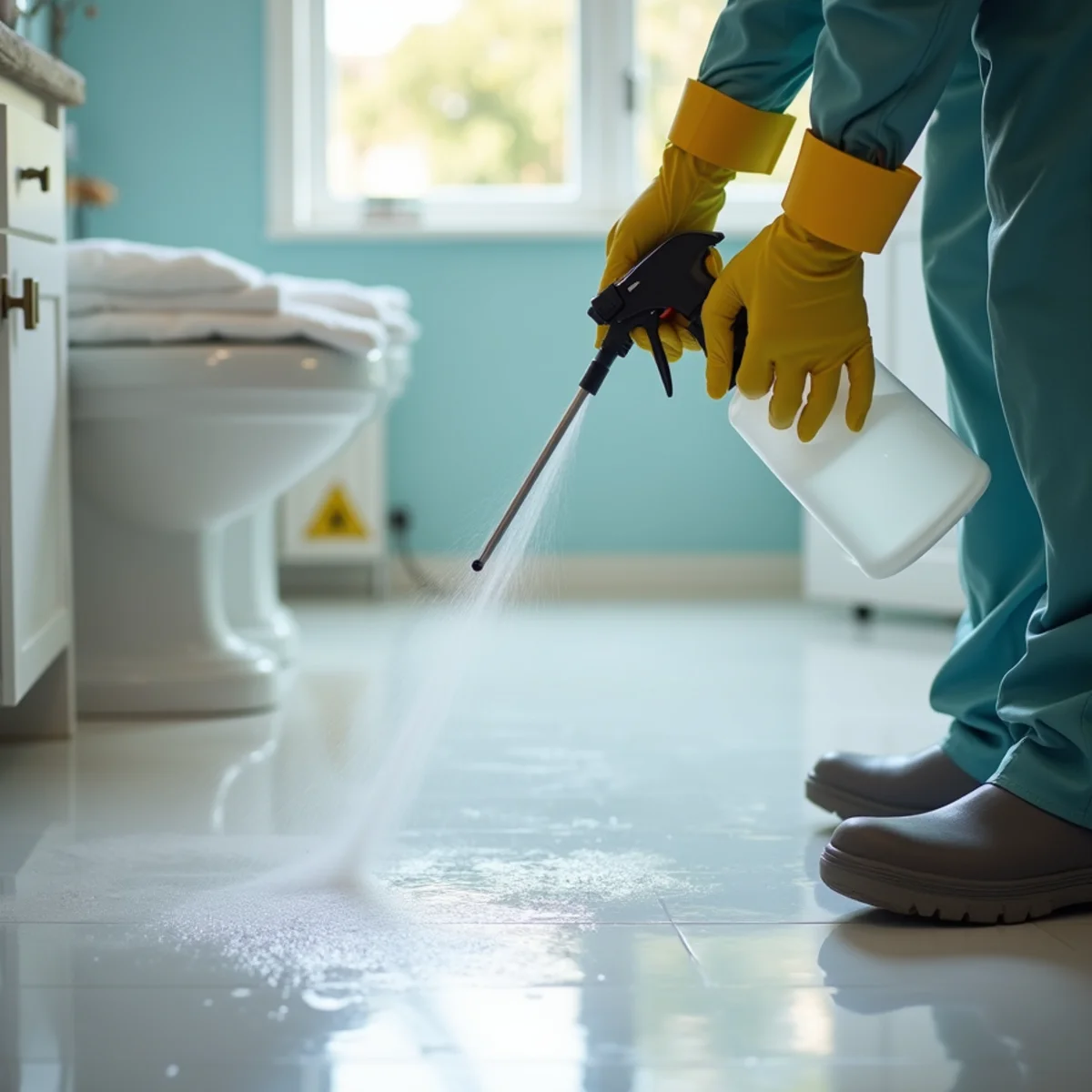 IICRC technician performing sewage cleanup & backup removal in a Lakewood, CA home