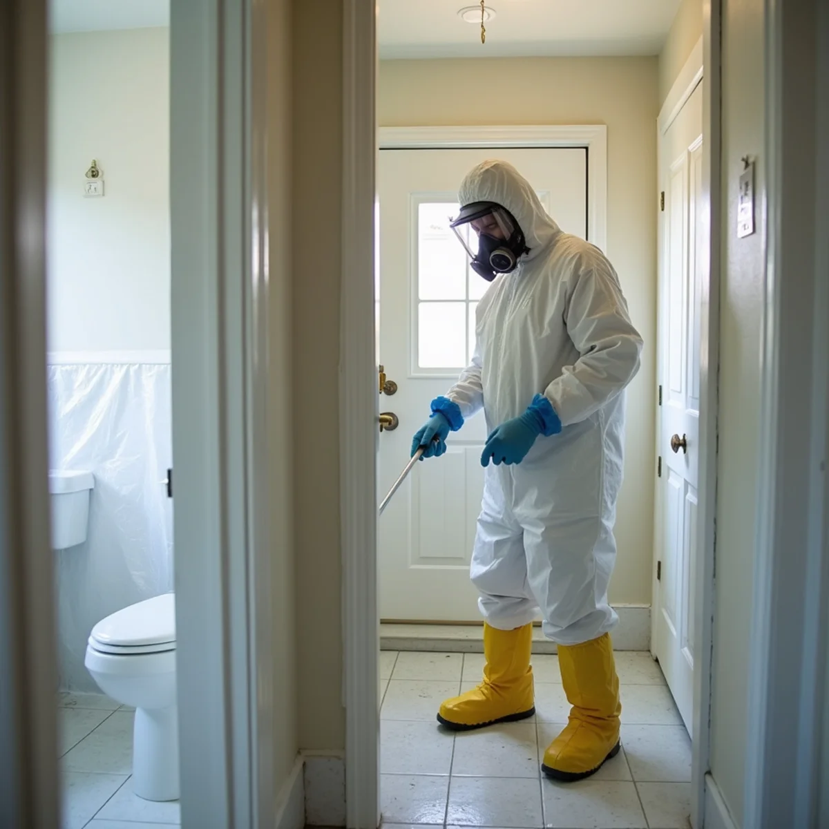 Technician in protective gear disinfecting a sewage backup in a Lakewood, CA bathroom