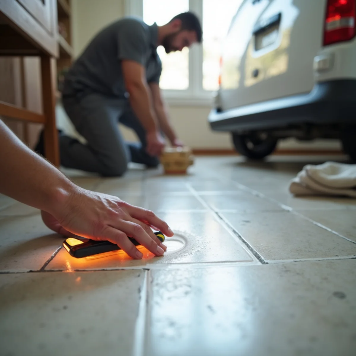 IICRC technician performing slab leak water damage restoration in a Lakewood, CA home