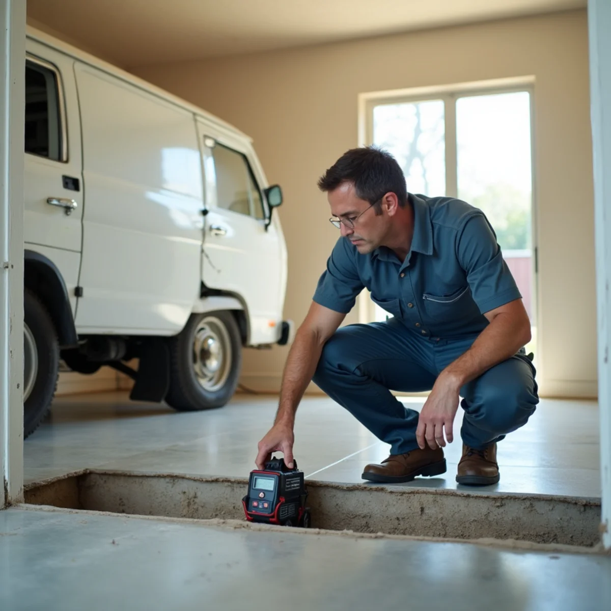 Technician locating a slab leak beneath the concrete floor of a Lakewood, CA tract home