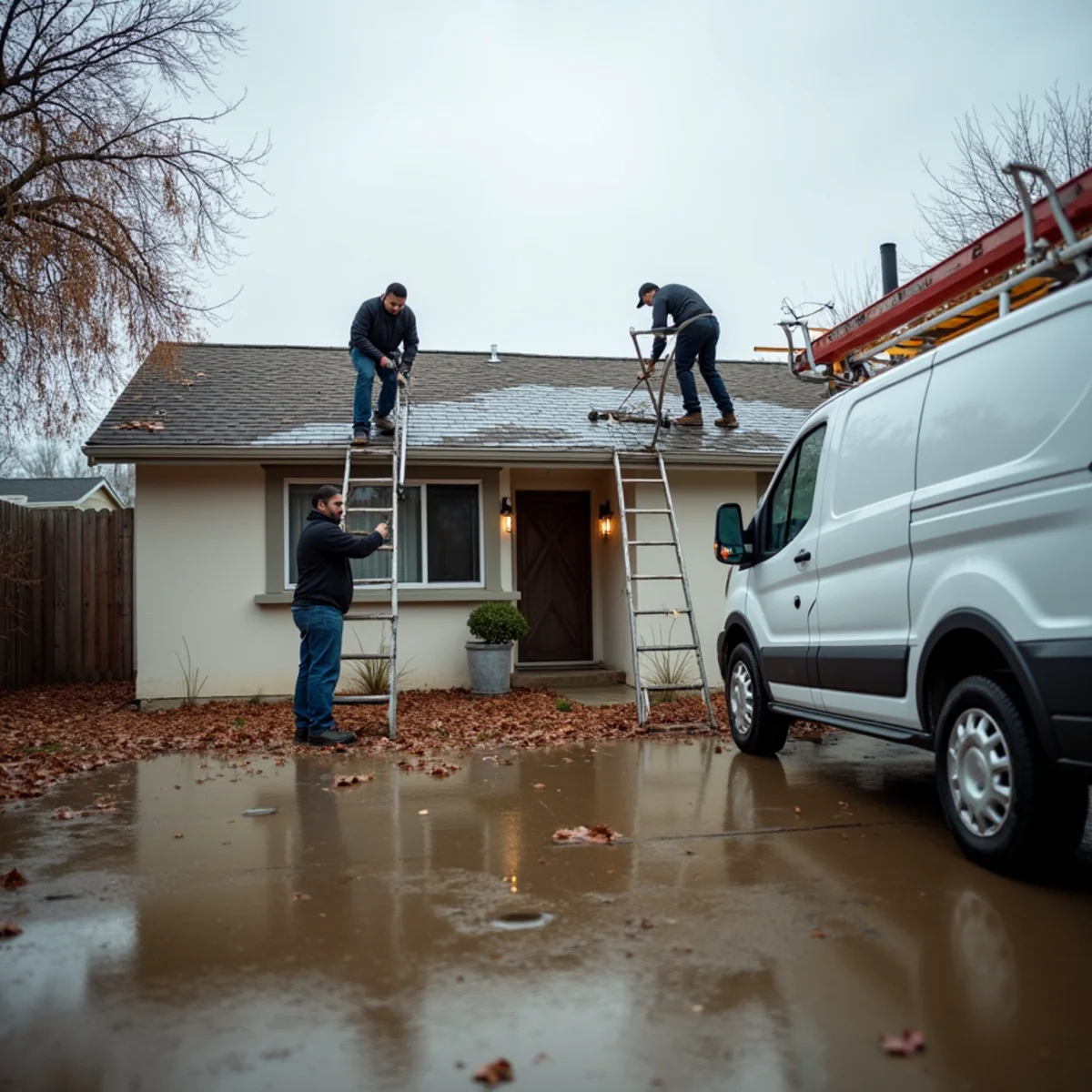 Crew tarping a storm-damaged roof and extracting water at a Lakewood, CA home