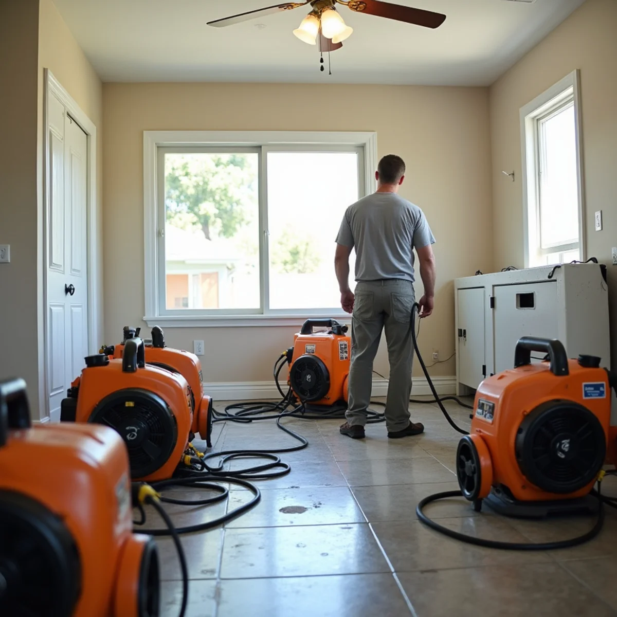 Industrial air movers and a dehumidifier drying a water-damaged room in a Lakewood, CA home