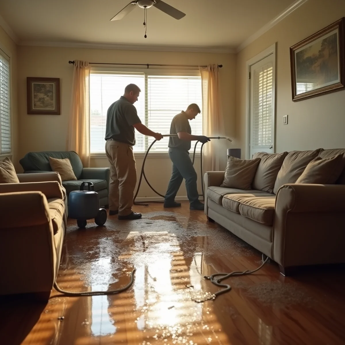 IICRC-certified technician extracting water from a flooded living room in a Lakewood, CA home