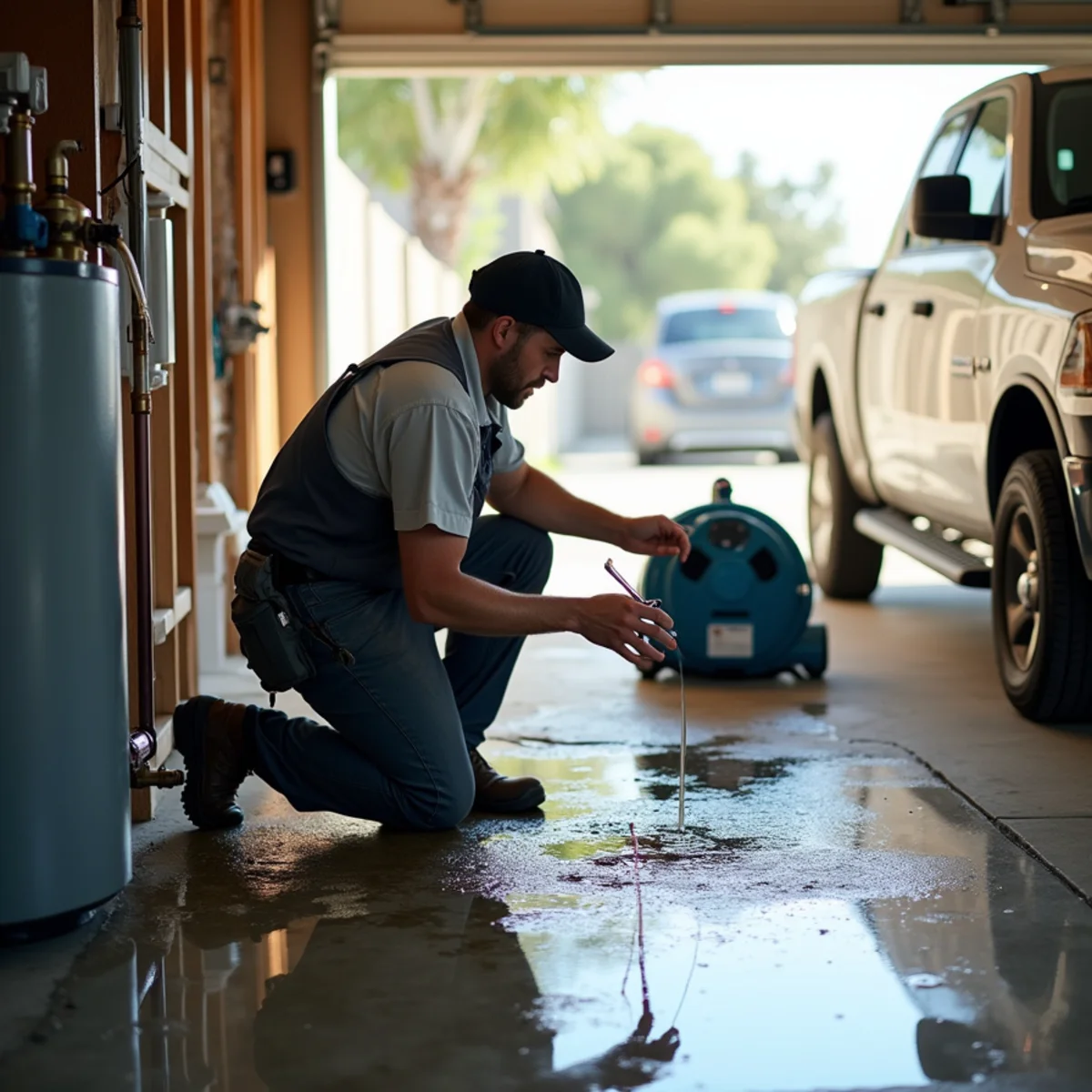 Cleanup of a leaking water heater flooding a garage in a Lakewood, CA home